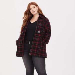Torrid Red/Black Plaid Wool Toggle Front Coat Size 3